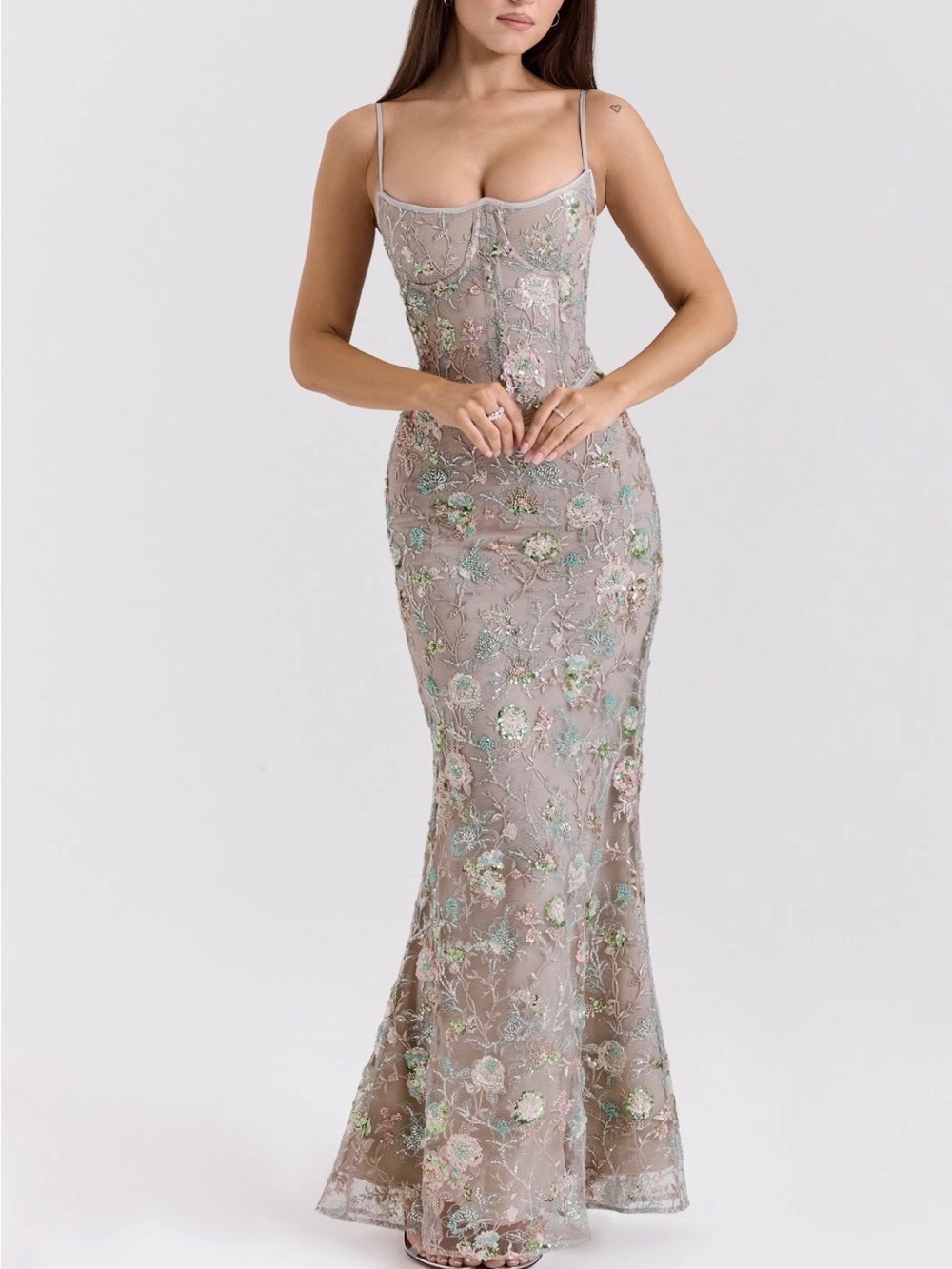 House of cb Naima silver hand beaded embellished corset maxi dress
